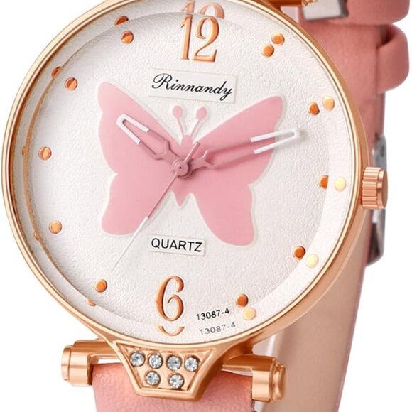 Romantic Butterfly Pattern Quartz Watch - Elegant Leather Strap for Women - Picture 1 of 9